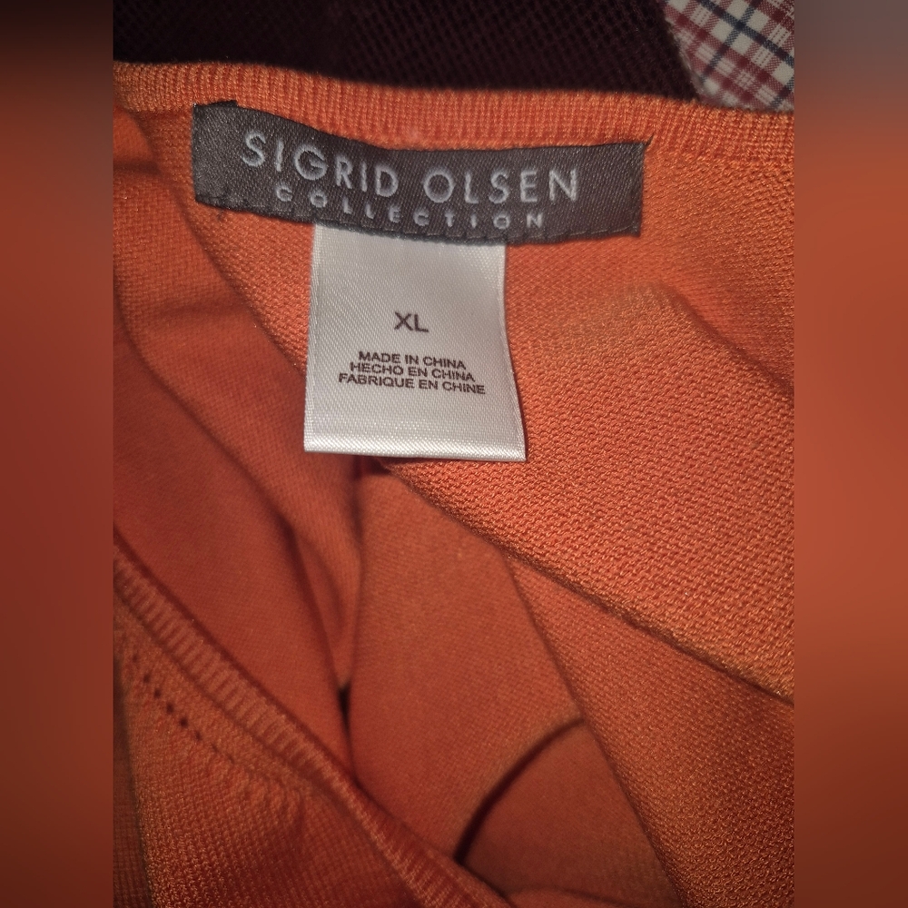 SIGRID OLSEN SILK ORANGE CARDIGAN RHINESTONE CRYSTAL BUTTONS CABLE RIB 3/4 XL - Picture 5 of 6